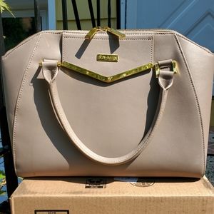 Large sachel 14x11x3.5 inches. Taupe with gold hardware and metal feet.